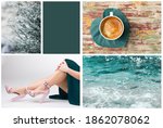 Collage set colored in trend Tidewater green color of the year 2021 by Shutterstock. Creative design for trendy color illustration.