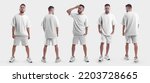 Small photo of White male t-shirt mockup, shorts on a bearded guy in sneakers, isolated on background, front, back view. Set of oversized suit, fashion clothes for design, print, pattern. Men's clothing template