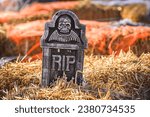 Small photo of Halloween Tombstone with RIP and Skull in Straw with Orange Spid