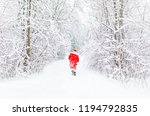 Santa Claus in red costume walk in winter forest afar. Winter park, trees covered with snow. Back view