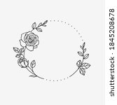 One line drawing. Frame of garden rose with stem and leaves. Hand drawn sketch. Vector illustration.