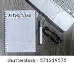 Action Plan, Typed Words On a handbook with note book, marker pen and notebook. Vintage and classic background mood with noise.