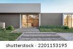 3d rendering illustration of modern minimal house with a concrete walkway and natural playground 