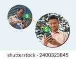 Small photo of One person using his a mobile banking or wallet app on his phone to remit money to his son. Online remittance and payments, and Fintech - illustrated with arrows.