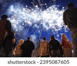 people look at fireworks on the blue sky with their heads held high