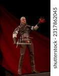 Small photo of Udachnyy, Russia - June 15, 2023: The action figure of Geralt of Rivia 16. This is a hero from that appears in the game The Witcher 3: Wild Hunt. A fictional character and the protagonist