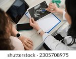 Small photo of Doctor gynecologist obstetrician checking the ultrasound of a pregnant woman in a medical office of a gynecological clinic, in order to prescribe treatment in order to preserve the baby. Pregnancy