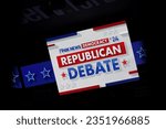Small photo of Milwaukee, Wisconsin USA - August 23rd, 2023: 2024 Republican Presidential Debate held at Fiserv Forum Milwaukee Bucks Stadium hosted by Fox News and moderated by Bret Baier and Martha MacCallum.