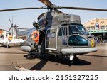 Small photo of Marrakesh, Morocco - April 30, 2016: Military helicopter at air base. Air force flight transportation. Aviation and rotorcraft. Transport and airlift. Military industry. Fly and flying.