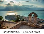 An amazing view from the top of Palamidi fortress above the city of Nafplion in Greece in the late afternoon