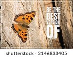 Small photo of Be the best version of you, vector. Banner design. Beautiful butterfly, macro photography. Motivational inspirational life quote. Typographical poster design.