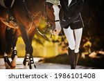 Small photo of The rider leads her beautiful bay horse by the bridle rein along the road among the leaves of trees on a sunny, warm autumn day. Equestrian sports. Equestrian life.