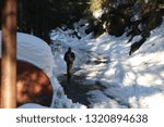 Small photo of Mountain man walking to home from the dense forest
