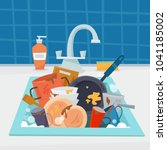 sink with dirty kitchenware and ... | Shutterstock .eps vector #1041185002