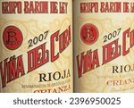Small photo of Viersen, Germany - May 9. 2023: Closeup of Bodega Baron de Ley spanish Rioja Vina del cura red wine bottles (focus on center of left bottle)