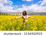 Lifestyle, enjoying nature in freedom, portrait of a black ethnic girl with braids, in a field of yellow flowers