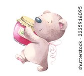 Watercolor bear with a jar of...