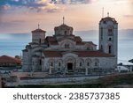 Small photo of Macedonian orthodox church. Saint Kliment and Panteleimon. Early byzantine style. Heritage. History. Ohrid lake , in the background. At Plaosnik.