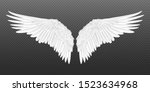 Realistic wings. Pair of white isolated angel style wings with 3D feathers on transparent background. Vector illustration bird wings design