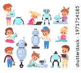 Kids With Robots. Cartoon...