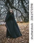 Small photo of portrait of a witch in a hood and a cloak in the forest. Halloween mystical atmosphere. Celtic mythology goddess Valkyrie. Spiritualism spell rite. Masquerade makeup costume witch. Magic witchcraft. D