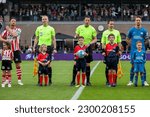 Small photo of ROTTERDAM, NETHERLANDS - MAY 6 2023: Bart Vriends of Sparta Rotterdam, Assistent referee Patrick Inia, Referee Jeroen Manschot, Assistent referee Rens Bluemink, Luuk de Jong of PSV