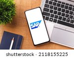 Small photo of West Bangal, India - October 09, 2021 : SAP logo on phone screen stock image.