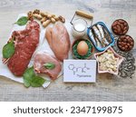 Small photo of Tryptophan rich food with structural chemical formula of essential amino acid tryptophan. Natural food sources of tryptophan include high protein foods like eggs, dairy products, meat, nuts, seeds.