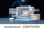 Small photo of man using the website or software technology AI to help and support work for chatbot, chat ai, generate image, write code, and data analysis using technology smart robot AI