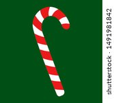 Vector illustration of candy cane sweet stick. Christmas or New Year festive flat icon. White cane with red stripes isolated on green background. Gift, greeting card print template.