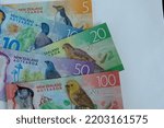 Small photo of 18 September 2022; Kuala Lumpur Malaysia. New Zealand banknotes on white background. The New Zealand dollar is the official currency and legal tender of New Zealand.