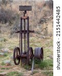 Small photo of PRESCOTT VALLEY, UNITED STATES - Apr 06, 2022: A close up of old mining equipment, artifact display at Fain Park in Prescott Valley, Arizona, USA