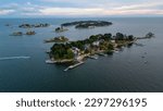 An aerial shot of the Thimble Islands in Branford, CT, USA