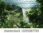 Steel glass roof waterfall with rainforest trees at 