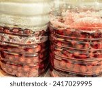 Small photo of A closeup shot of containers of sour cherries with sugar, preparing sour cherry brandy