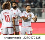 Small photo of Players of Tunisia celebrates his team's goal during the Africa Cup of Nations Qualification between Tunisia and Libya at Rades Stadium in Tunisia on March 24, 2023. (Photo by Hasan Mrad)