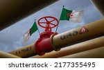 Valve on the main gas pipeline Algeria, Pipeline with flags Algeria, Pipes of gas from Algeria, export of gas by Algeria, 3D work and 3D image