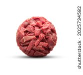 Small photo of a creepy ball made of raw meat. harming meat food or an unusual ingredient for the Halloween horror holiday. The isolate is bloody, funny and inappropriate