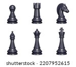 Chess pieces 3d set. Black Color. Pawn, king, queen, rook, knight, bishop. Isolated objects on a transparent background