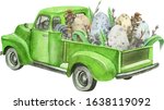 Watercolor Easter Retro Truck...