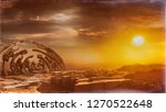 3D rendering of strange ancient moment relics in an alien planet environment with sunset sky in background - concept art created from scratch without using reference image 