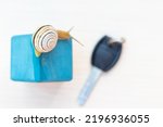 Small photo of snail sliding on wooden cubby house shape isolated with keys from the door.buy rent or sell a house apartment,insurance or mortgage concept.blue color roof.beautiful little garden snail carrying shell