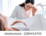 Small photo of Woman patient in gynecological chair during gynecological check up in clinic. Motherhood and fertility health checkup. Pregnancy planning. Hormones test. Abortion
