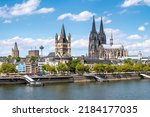 Small photo of Cologne city skyline in summer with view of Cologne Cathedral and Rhine River, North Rhine-Westphalia, Germany