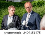 Small photo of Kiel, Germany, June 26, 2023, Portrait of CDU Chairman Friedrich Merz and Prime Minister HH Daniel Gunther at a meeting in Schleswig-Holstein