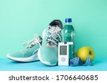 Concept of a healthy diabetic on mint background. Sports diabetic