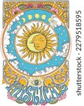 Mystical moon and sun. Design about time and astronomy. Retro style vectors with sun, moon, stars and clouds.Mystical illustrations.