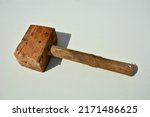 Small photo of Vintage wooden mallet.Mallet Hammer Made Of Burl Wood Tools For Used By Carpenter In Workshop.