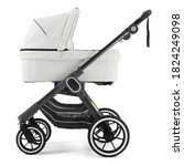 Black & White Baby Pram Stroller Isolated on White. Pushchair and Carrycot with Canopy and Swivel Wheels. Baby Transport Side View. Infant Carriage Seat. Travel System with Elevators and Raincover