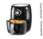 Small photo of Open Analog Hot Air Fryer Isolated. Black Plastic Stainless Steel 1500 Watts Electric Deep Fryer Side View. Modern Domestic Small Kitchen Appliances. Convection Oven 5 Quart Oilless Cooker with Food